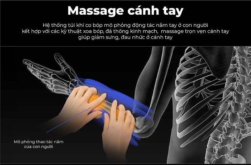 Chế độ chăm sóc massage tay với hệ thống túi khí trải đều