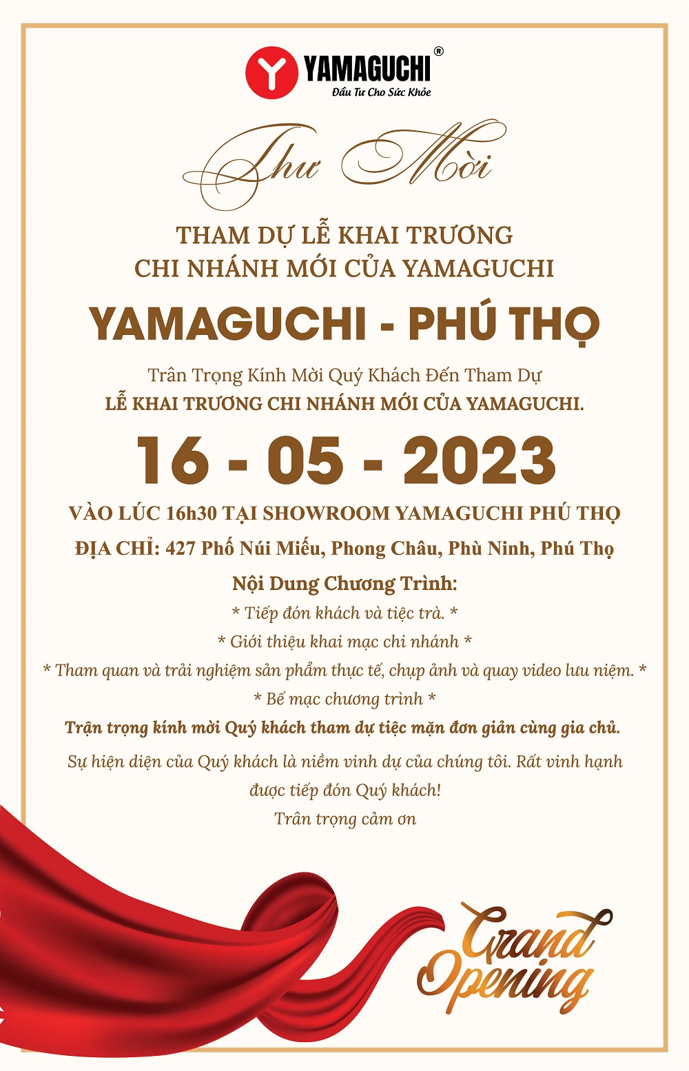 Thư mời tham dự lễ khai trương chi nhánh mới của Yamaguchi Phú Thọ
